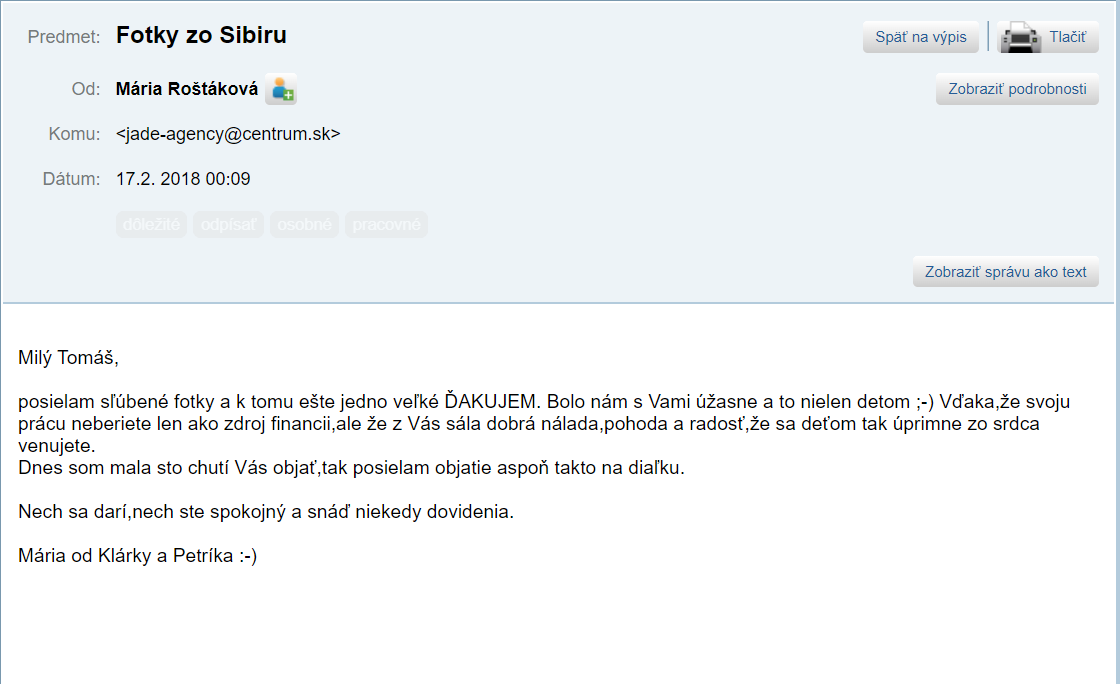 17.2.2018 Ďakovný e-mail - Mária Roštáková