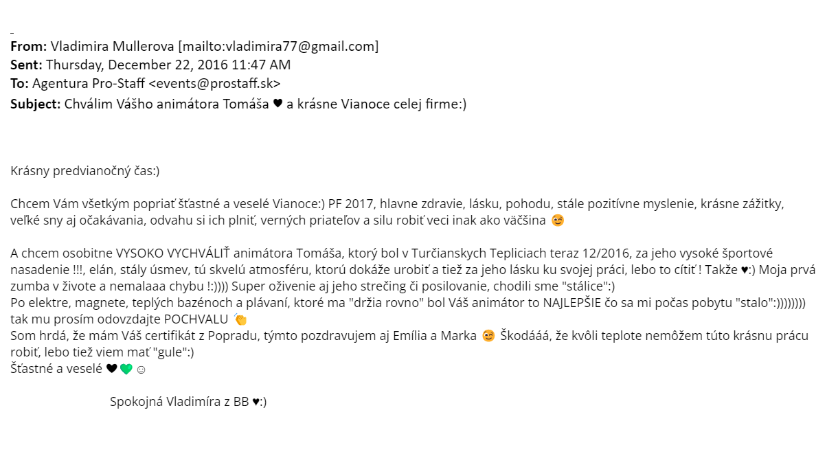 22.12.2016 Pochvala formou e-mailu - Vladimíra z BB