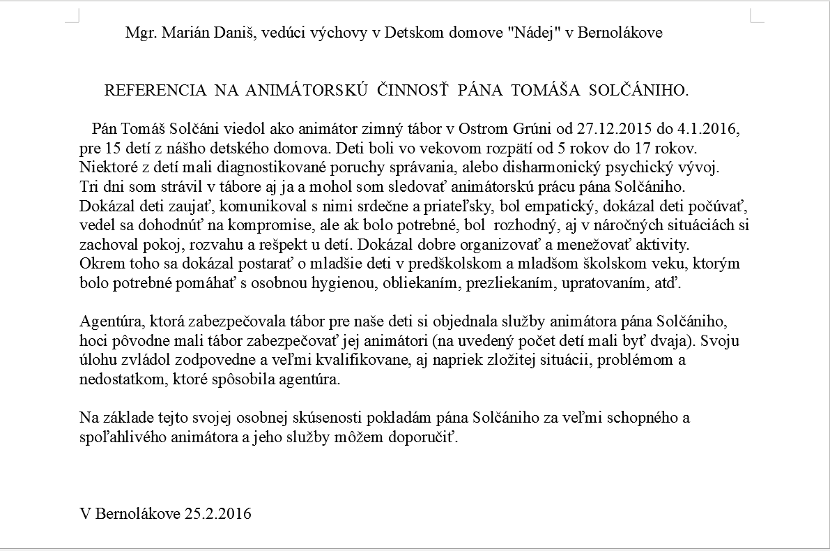 25.2.2016 Pracovné hodnotenie - Detský domov Bernolákovo