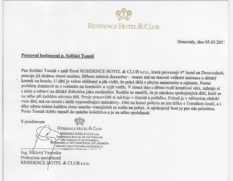 5.3.2017 Pracovné hodnotenie priamo od riaditeľky hotela Residence Donovaly